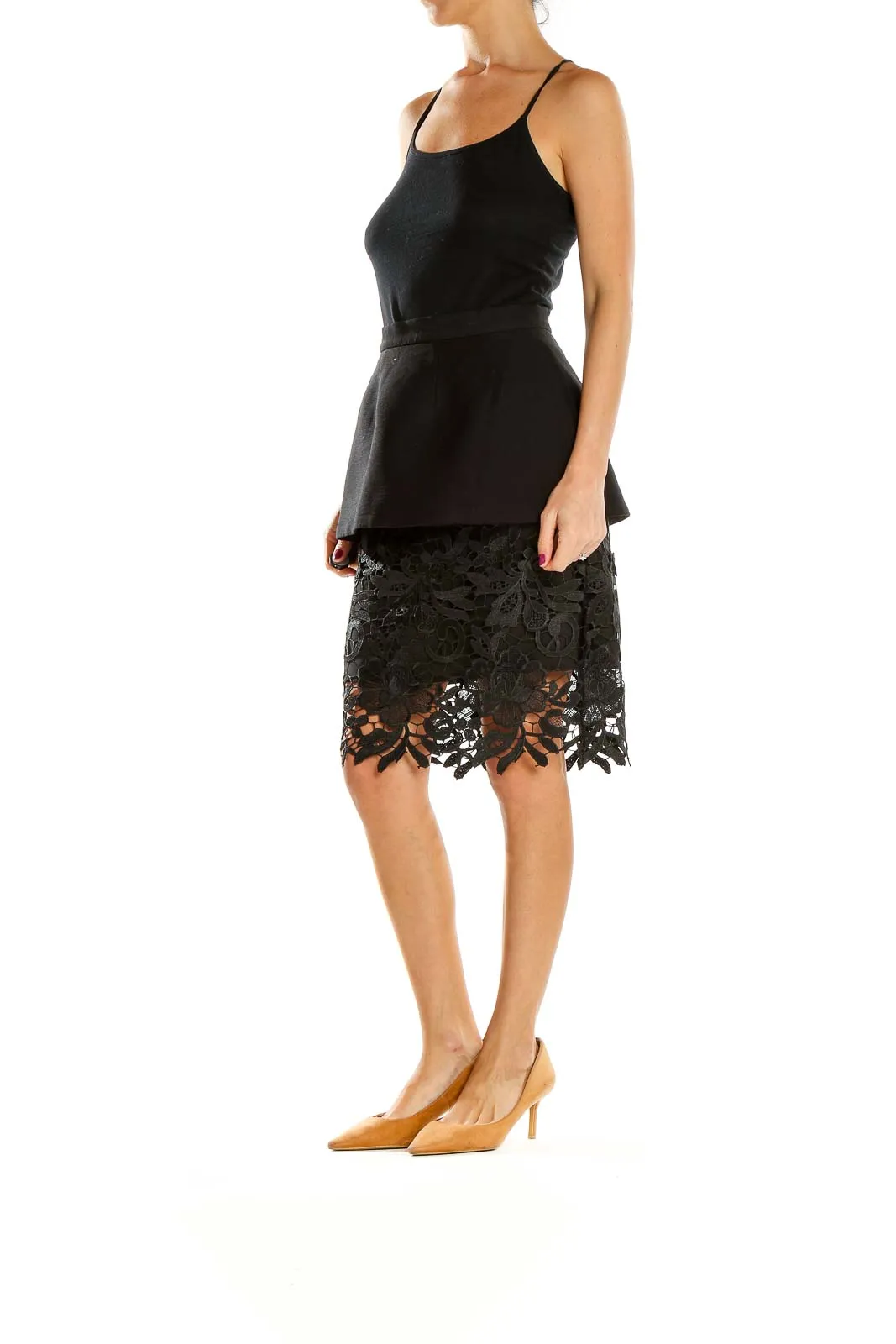 Black Lace Overlay Peplum Skirt