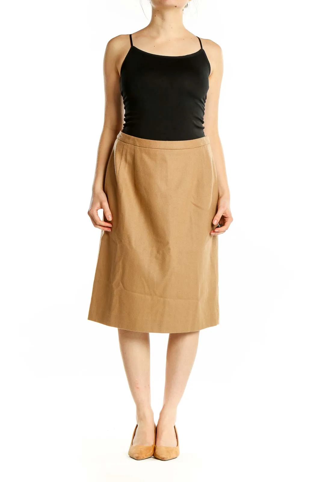 Camel Virgin Wool A-Line Midi Skirt