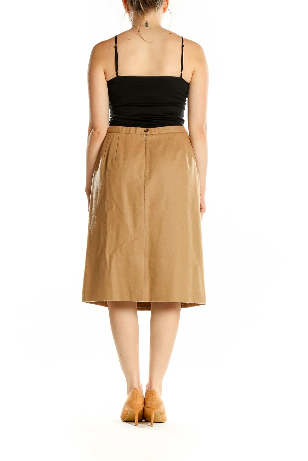 Camel Virgin Wool A-Line Midi Skirt