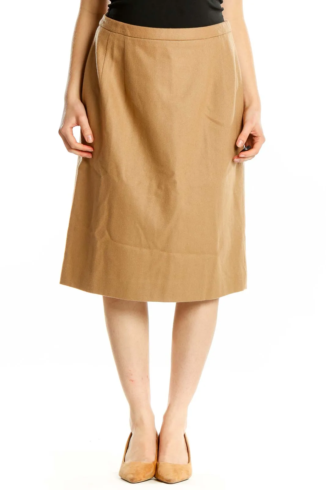 Camel Virgin Wool A-Line Midi Skirt