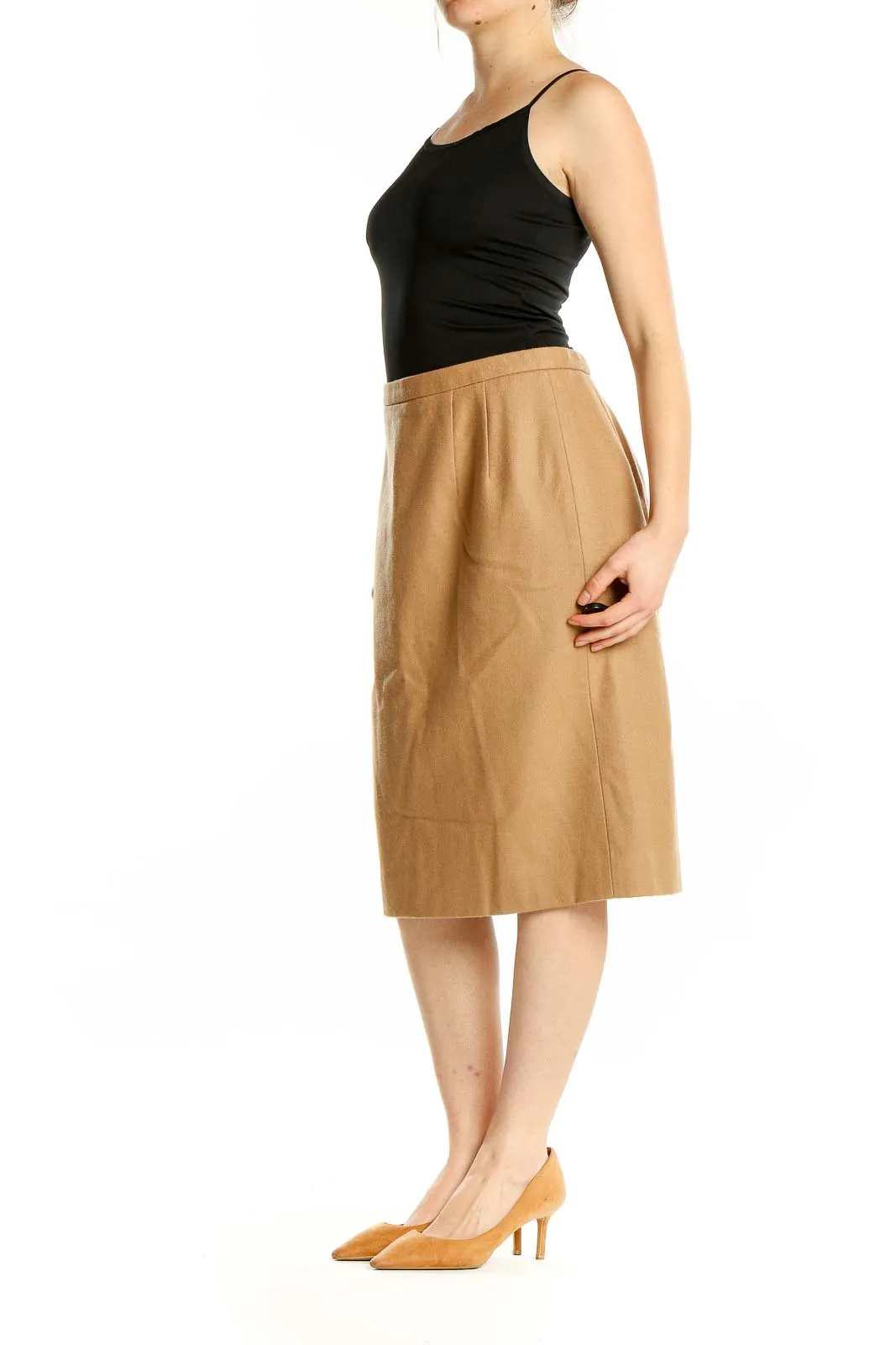 Camel Virgin Wool A-Line Midi Skirt