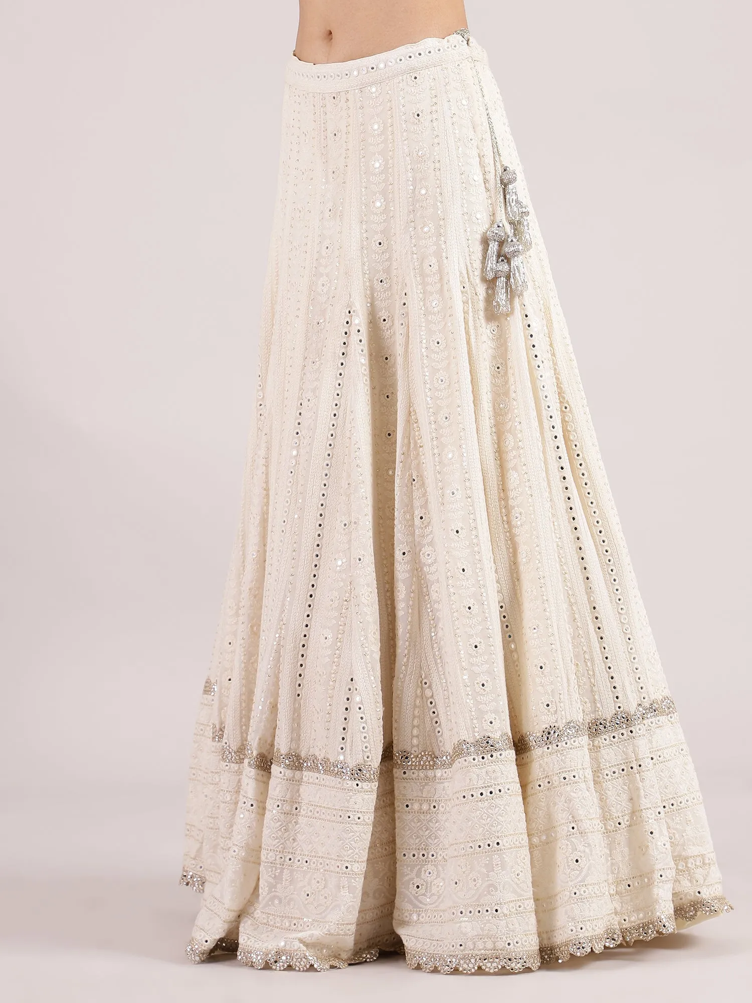 Ethereal Half-White Chikankari Mirror Work Lehenga with Sequins Blouse & Floral Dupatta