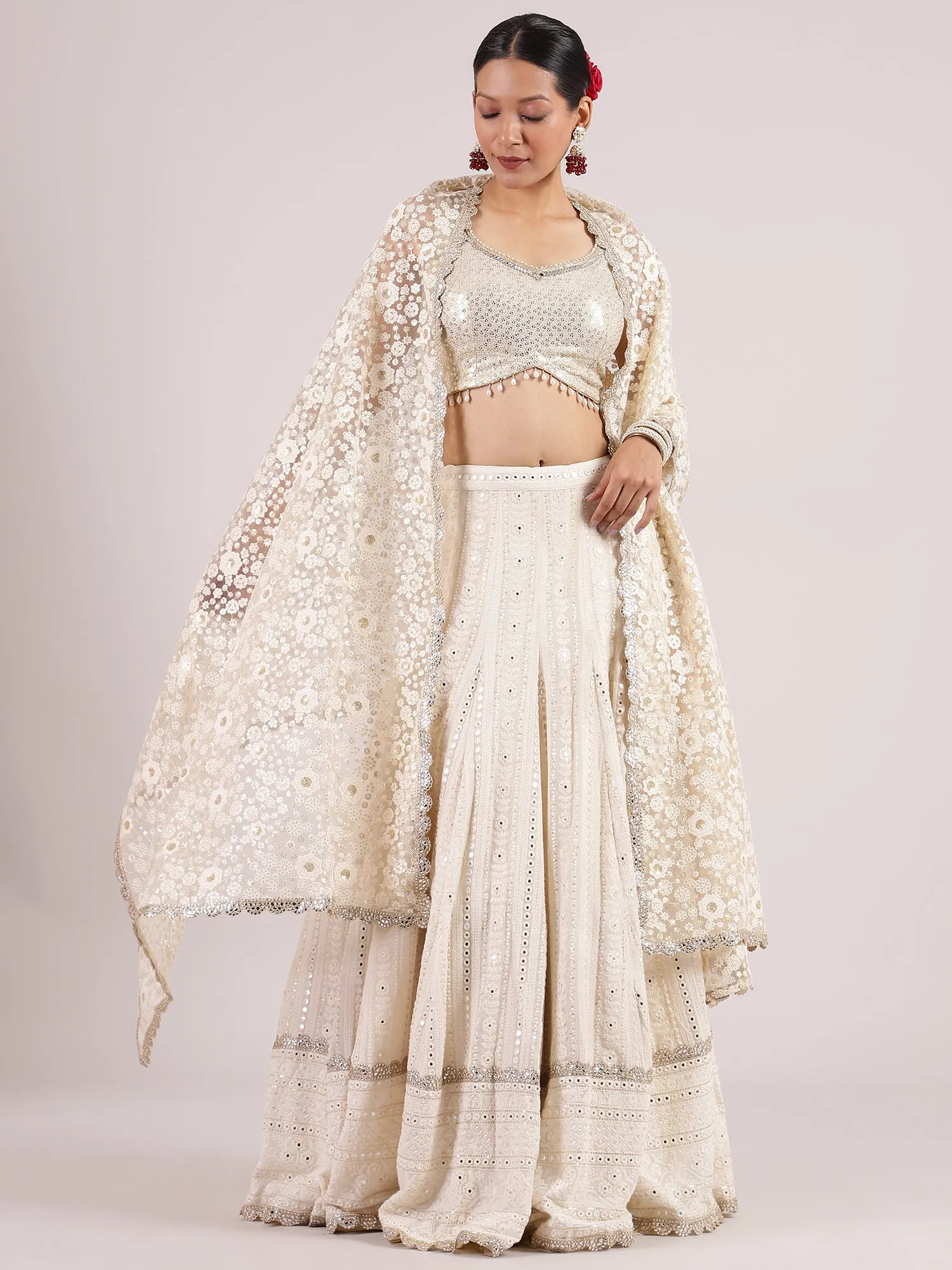 Ethereal Half-White Chikankari Mirror Work Lehenga with Sequins Blouse & Floral Dupatta