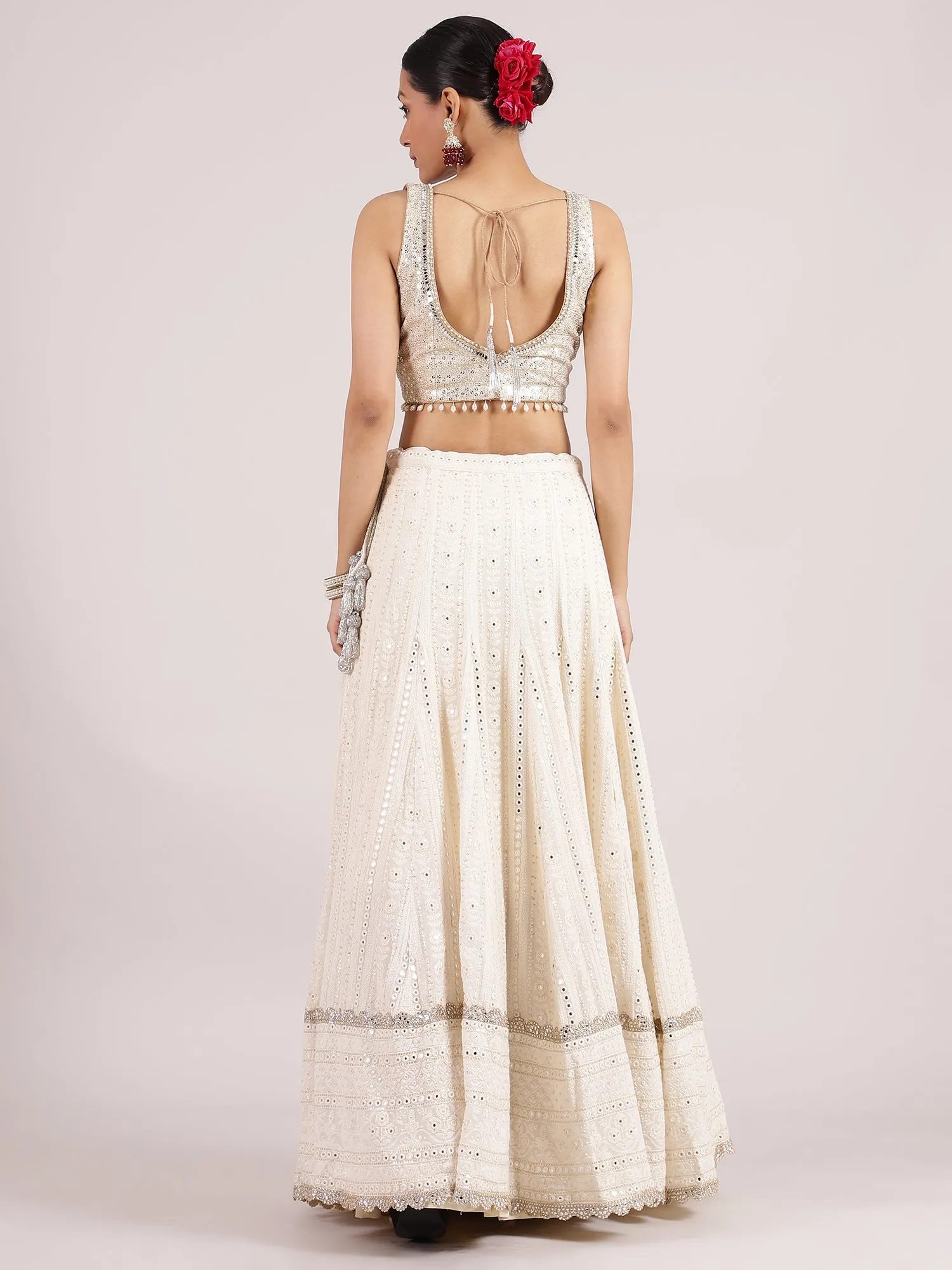 Ethereal Half-White Chikankari Mirror Work Lehenga with Sequins Blouse & Floral Dupatta