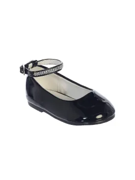 Little Girls Black Patent Rhinestone Encrusted Ankle Strap Flats 5-8 Toddler