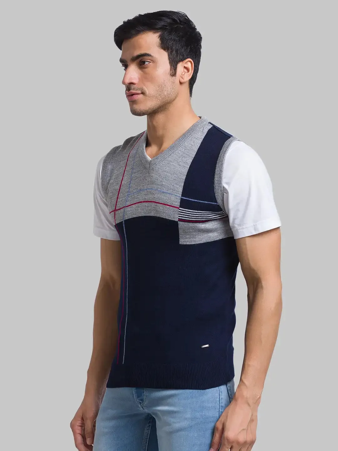 Men Blue Intarsia Acrylic Sleeveless Sweaters
