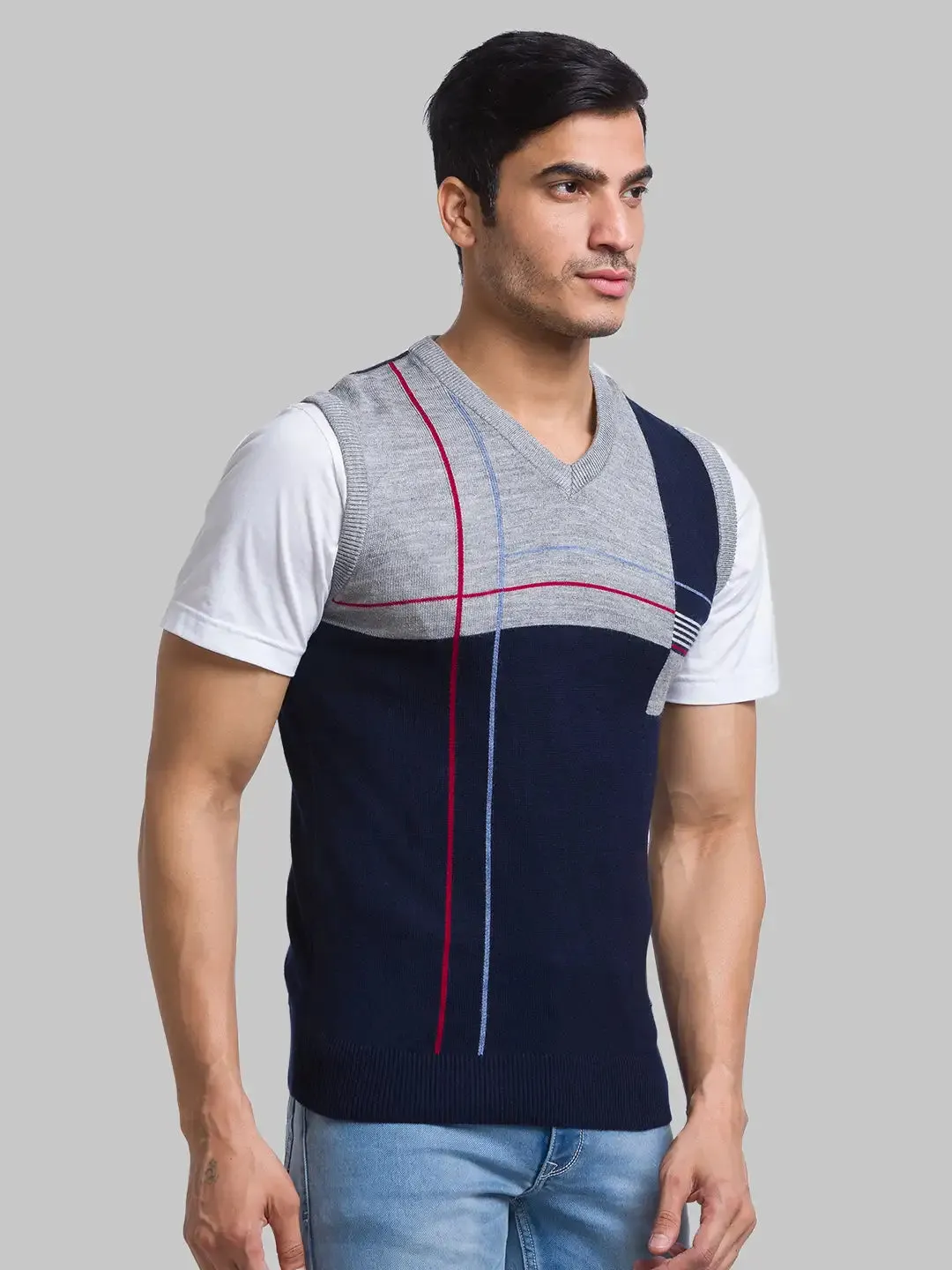 Men Blue Intarsia Acrylic Sleeveless Sweaters