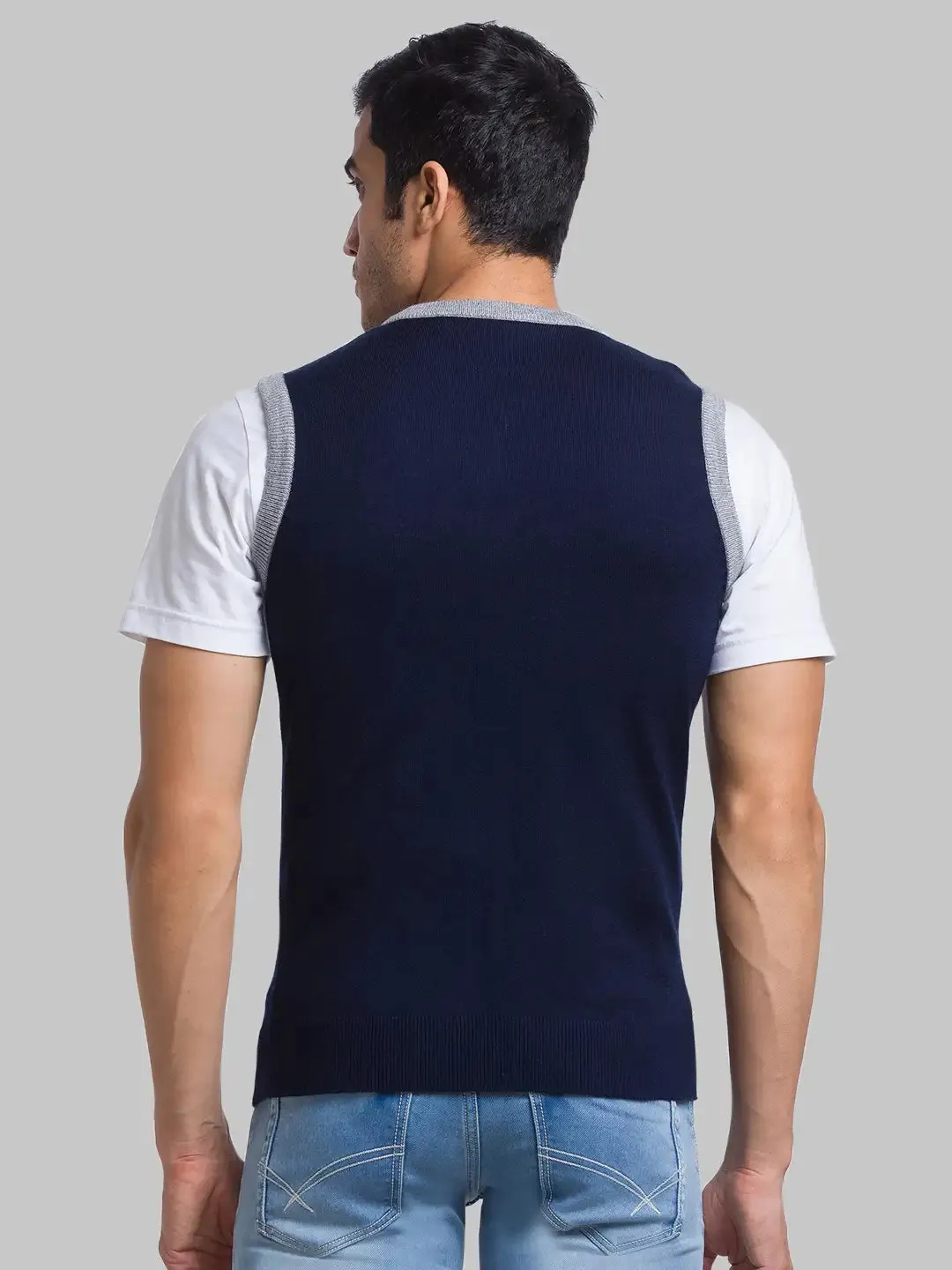 Men Blue Intarsia Acrylic Sleeveless Sweaters