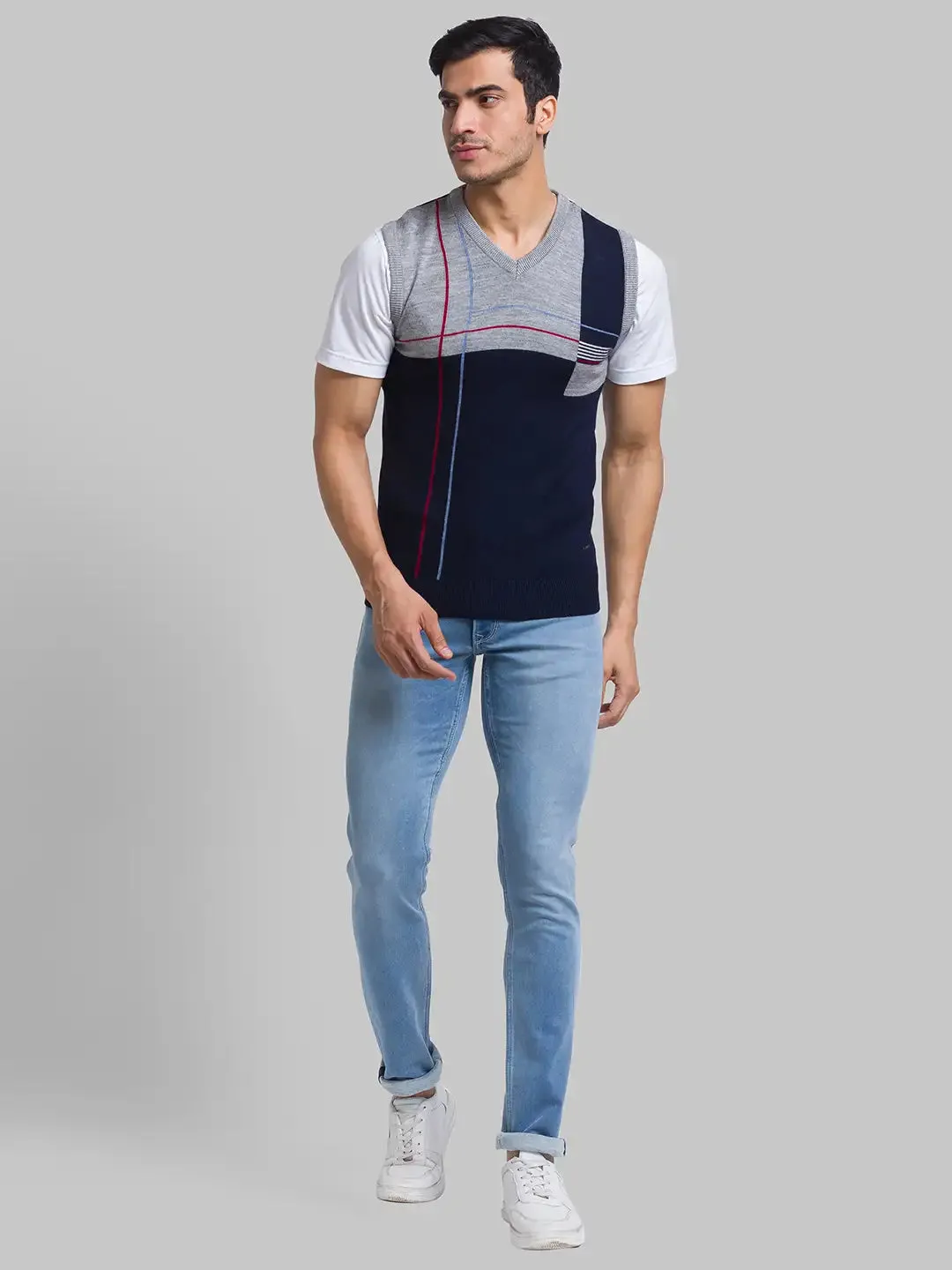 Men Blue Intarsia Acrylic Sleeveless Sweaters