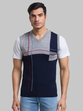 Men Blue Intarsia Acrylic Sleeveless Sweaters