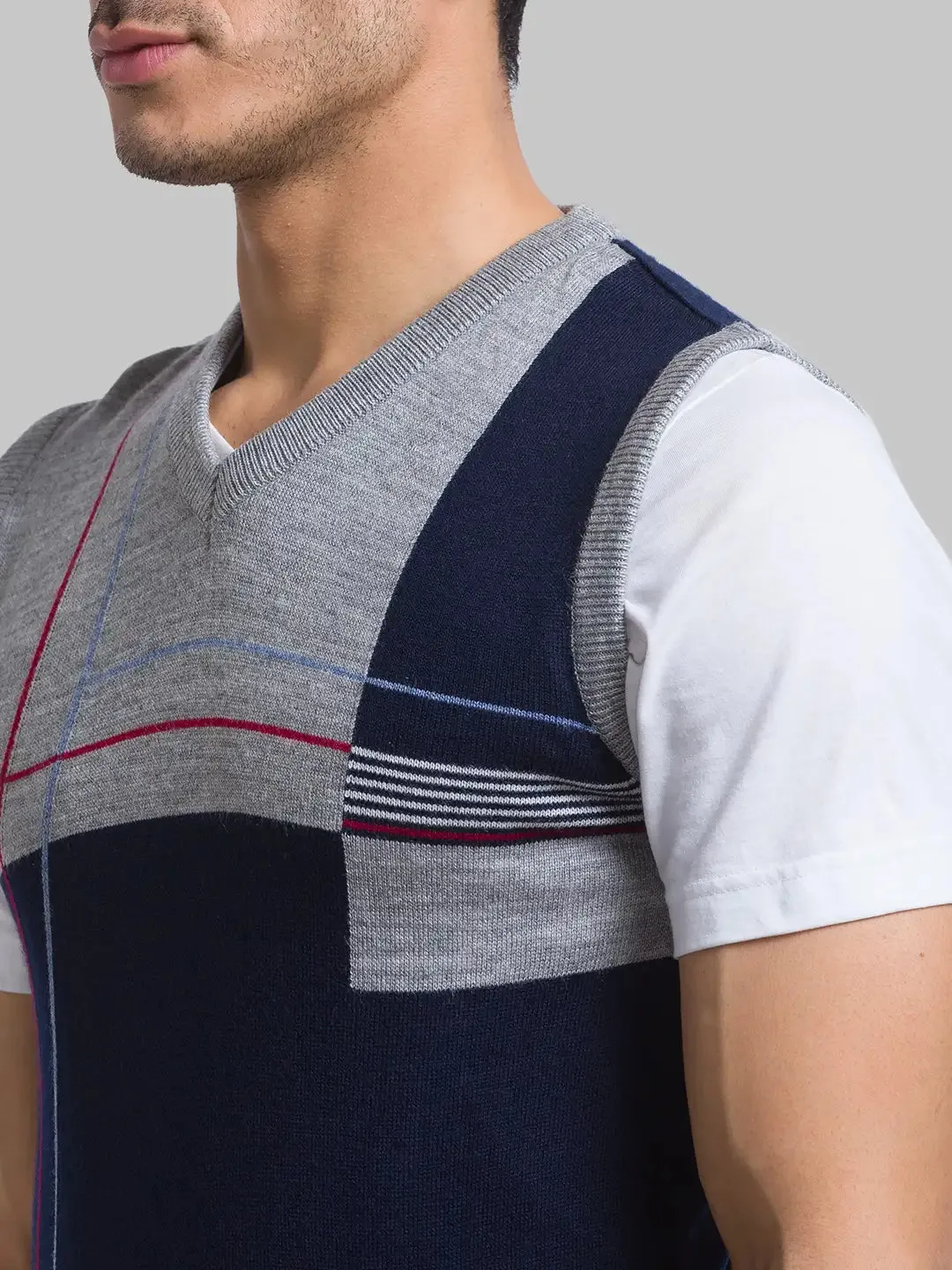 Men Blue Intarsia Acrylic Sleeveless Sweaters