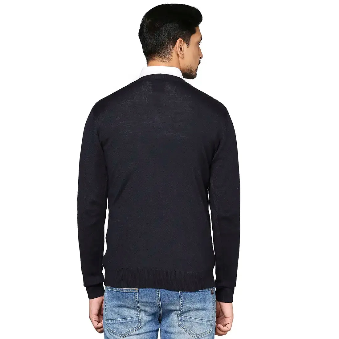 Men Blue Intarsia Wool Blend Full Sleeve V Neck Collar Sweaters