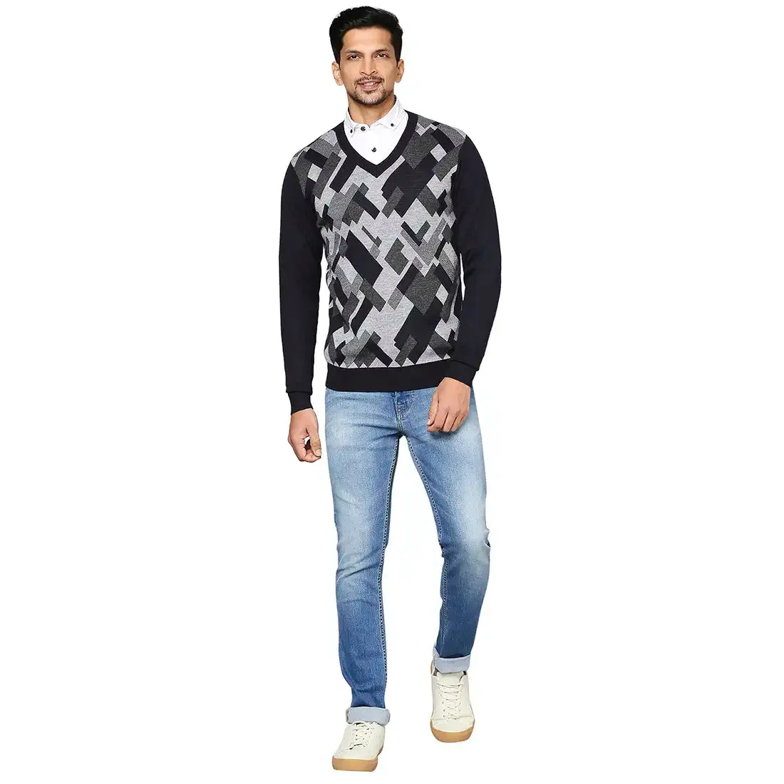 Men Blue Intarsia Wool Blend Full Sleeve V Neck Collar Sweaters
