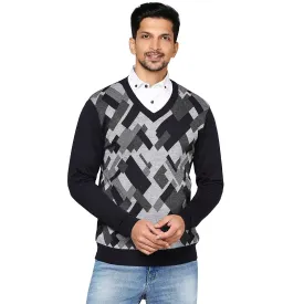 Men Blue Intarsia Wool Blend Full Sleeve V Neck Collar Sweaters