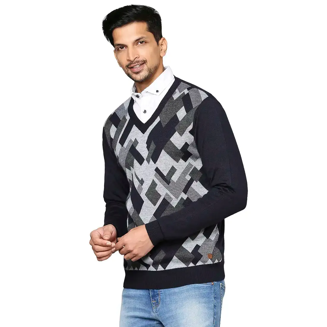 Men Blue Intarsia Wool Blend Full Sleeve V Neck Collar Sweaters