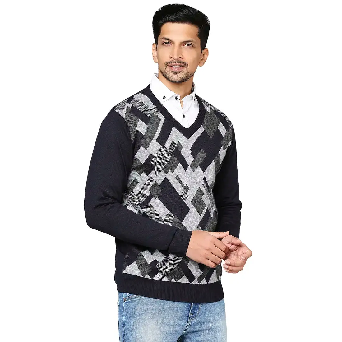 Men Blue Intarsia Wool Blend Full Sleeve V Neck Collar Sweaters