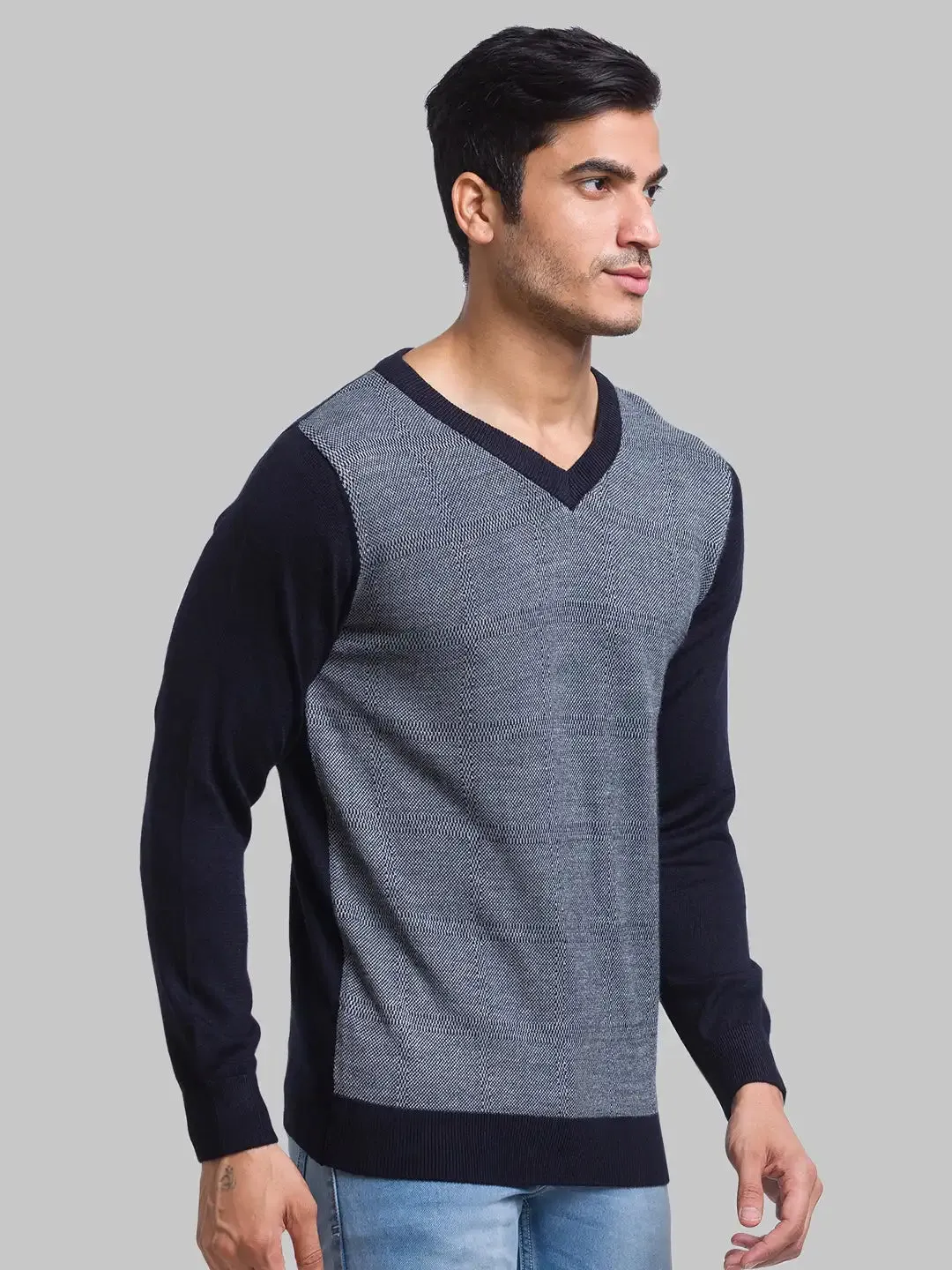 Men Blue Jacquard Acrylic Blend Full Sleeve Sweaters