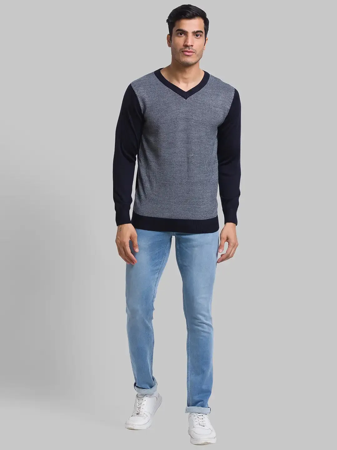 Men Blue Jacquard Acrylic Blend Full Sleeve Sweaters