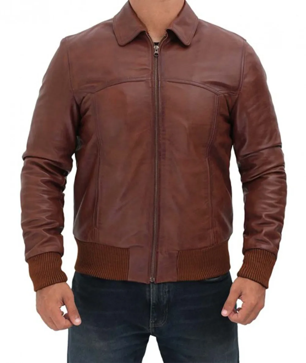 Men Brown Distressed Bomber Leather Jacket