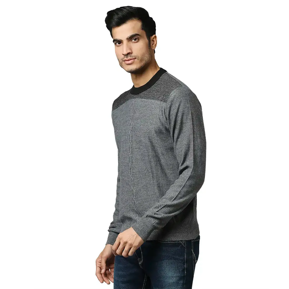 Men Grey Structure Cable Acrylic Wool Blend Round Collar Sweaters