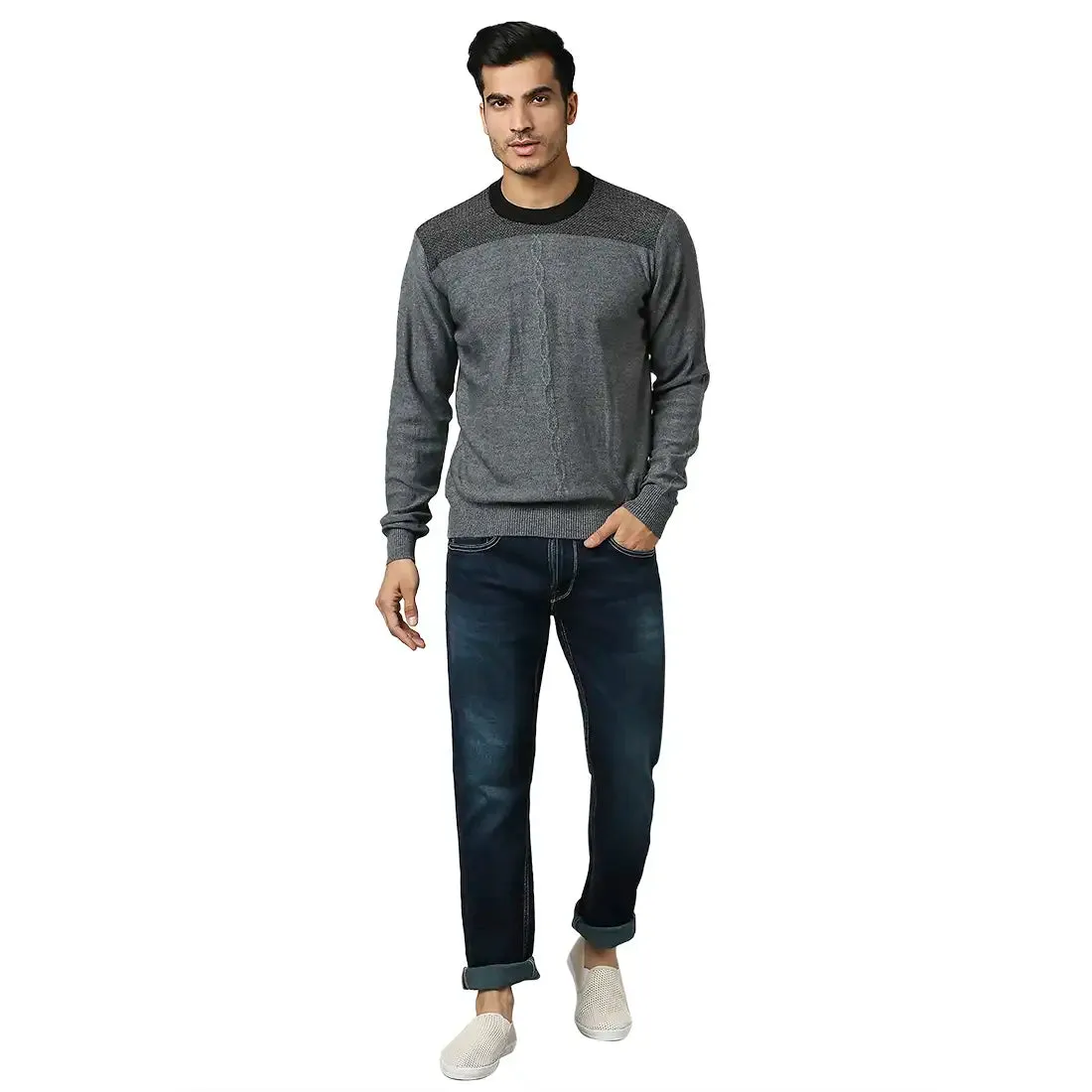 Men Grey Structure Cable Acrylic Wool Blend Round Collar Sweaters