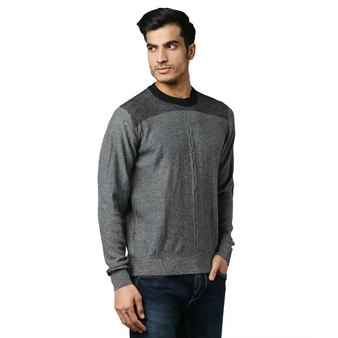Men Grey Structure Cable Acrylic Wool Blend Round Collar Sweaters