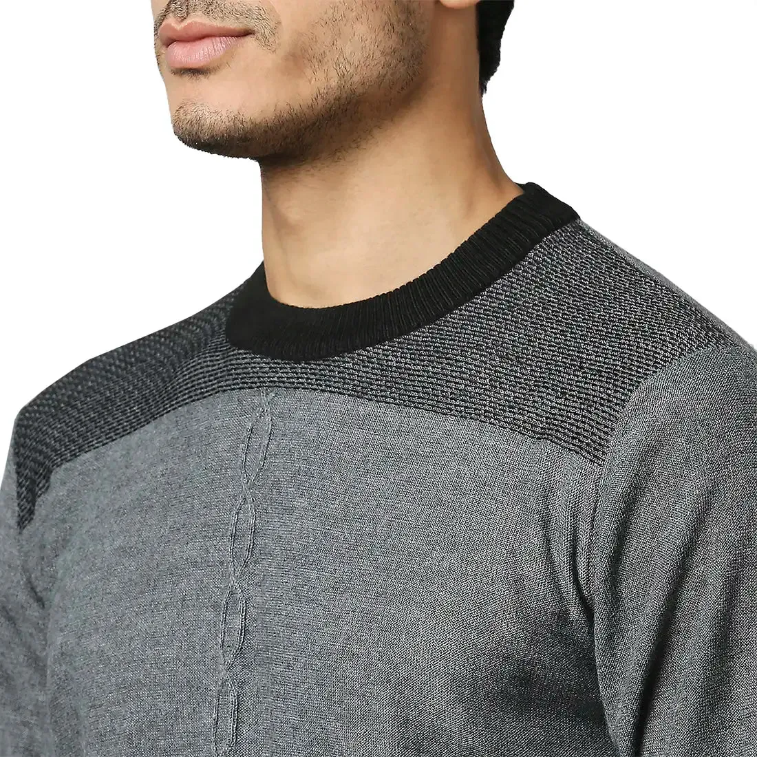 Men Grey Structure Cable Acrylic Wool Blend Round Collar Sweaters