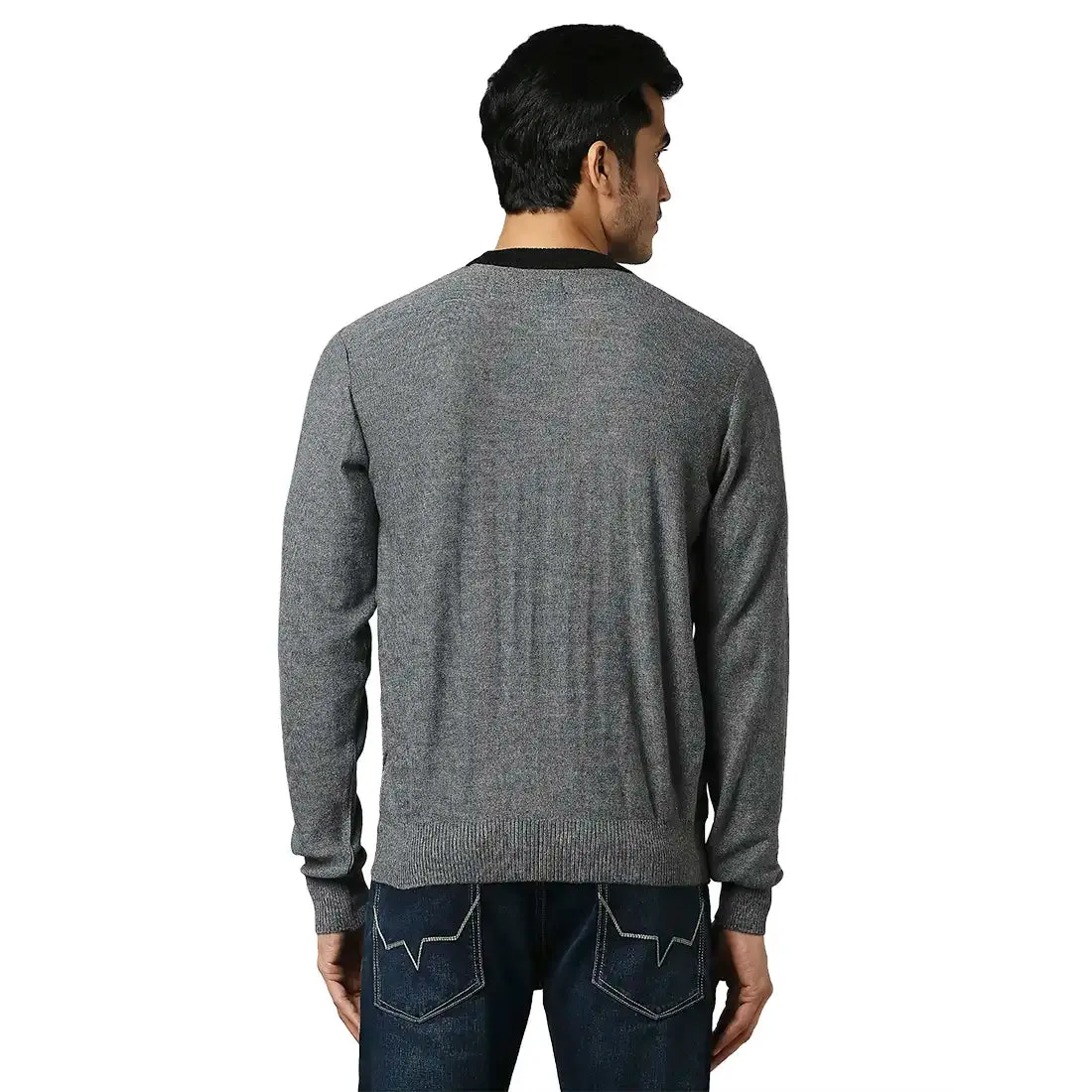 Men Grey Structure Cable Acrylic Wool Blend Round Collar Sweaters