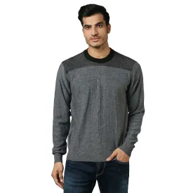 Men Grey Structure Cable Acrylic Wool Blend Round Collar Sweaters
