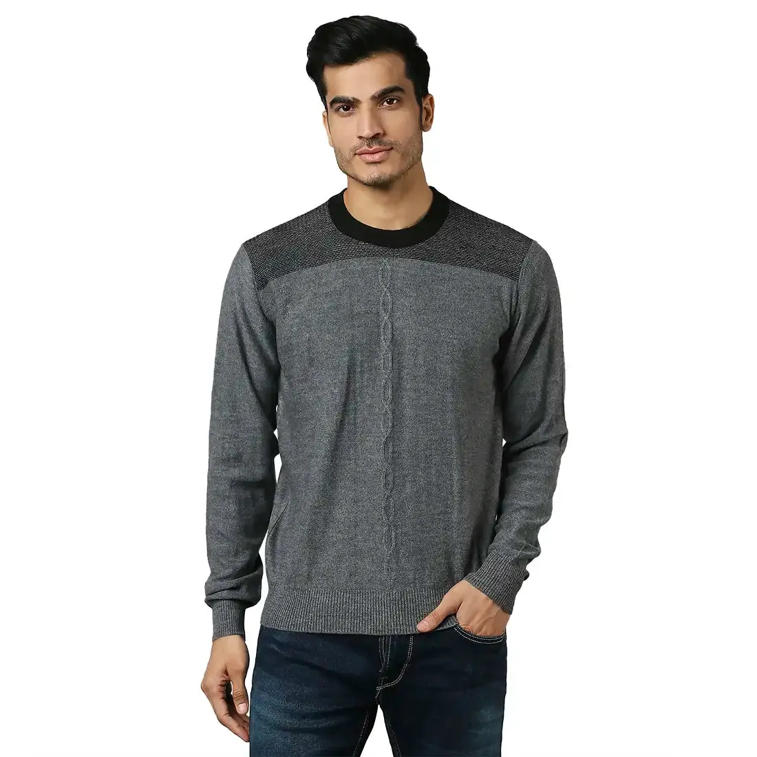 Men Grey Structure Cable Acrylic Wool Blend Round Collar Sweaters
