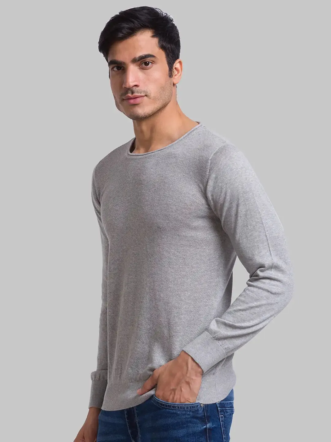 Men Grey Structure Cotton Full Sleeve Sweaters