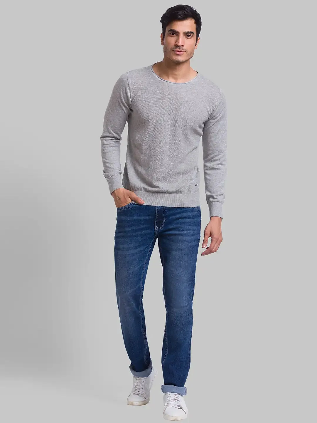 Men Grey Structure Cotton Full Sleeve Sweaters