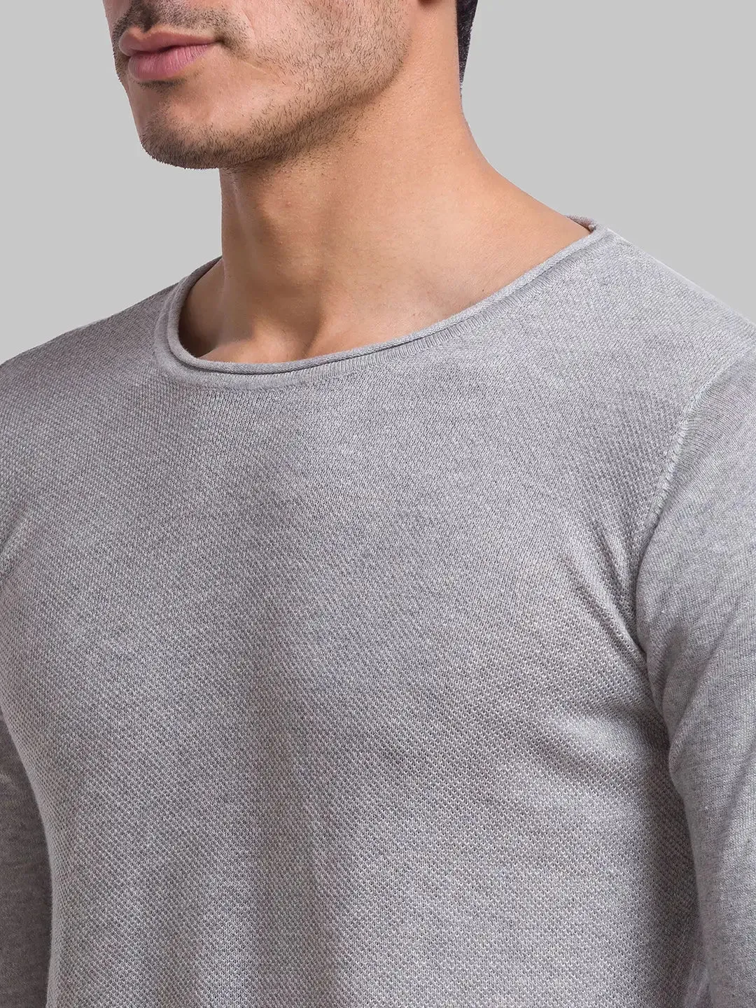 Men Grey Structure Cotton Full Sleeve Sweaters