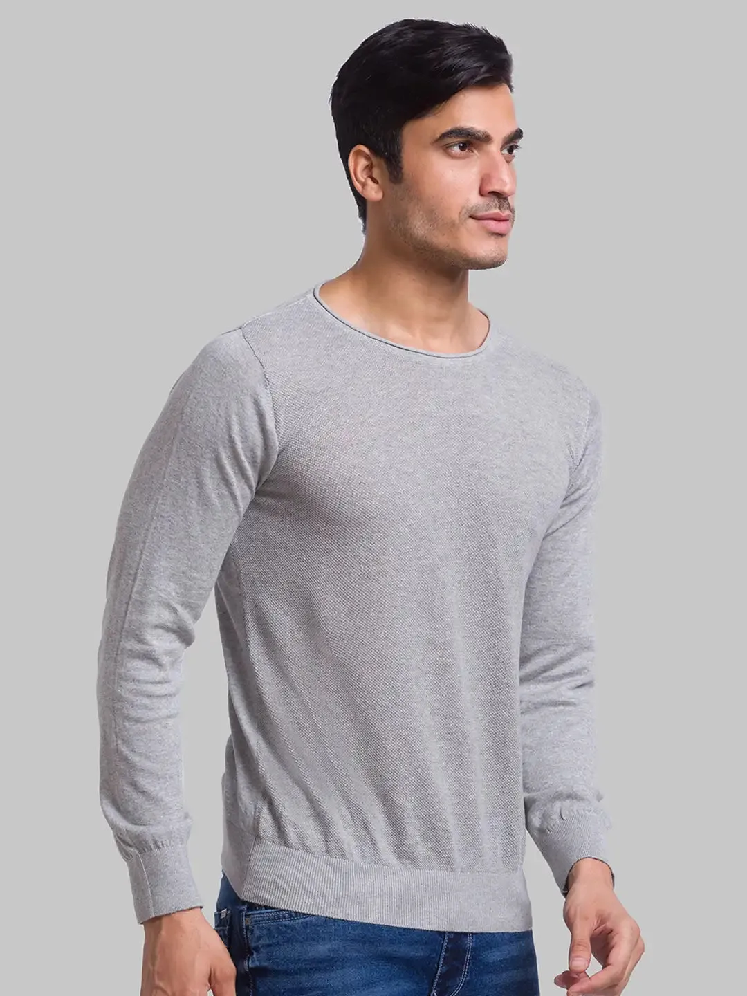 Men Grey Structure Cotton Full Sleeve Sweaters
