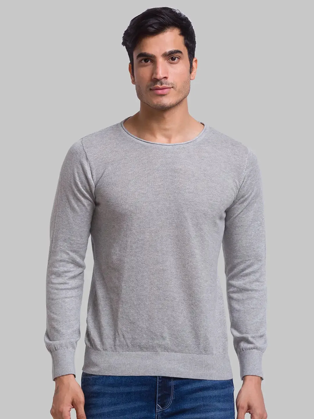 Men Grey Structure Cotton Full Sleeve Sweaters