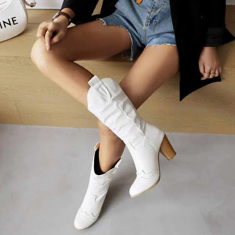Mid Calf Western Boots Fashion Pointed Toe Pull On Cowgirl Boot