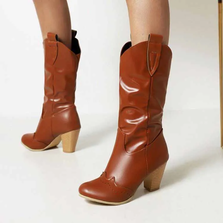 Mid Calf Western Boots Fashion Pointed Toe Pull On Cowgirl Boot