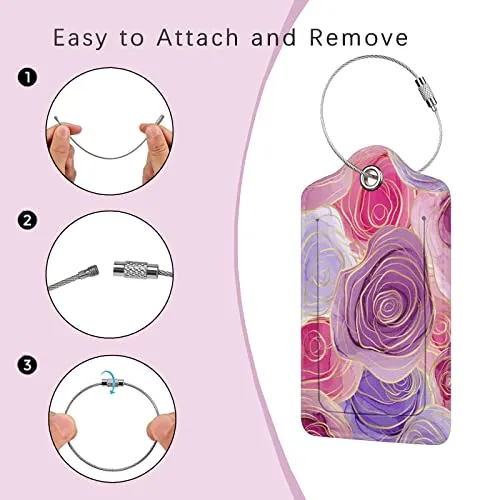 Pink and Purple Rose Flowers Leather Suitcase Luggage Tags, 2 Pack