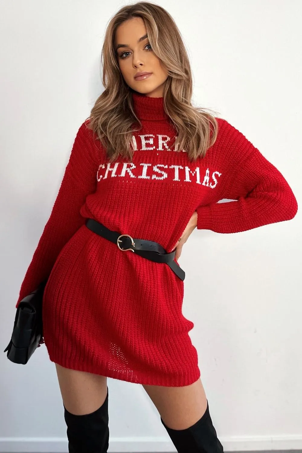 Red Turtleneck Long Christmas Sweater 2353