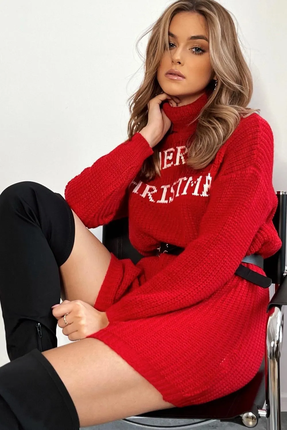 Red Turtleneck Long Christmas Sweater 2353