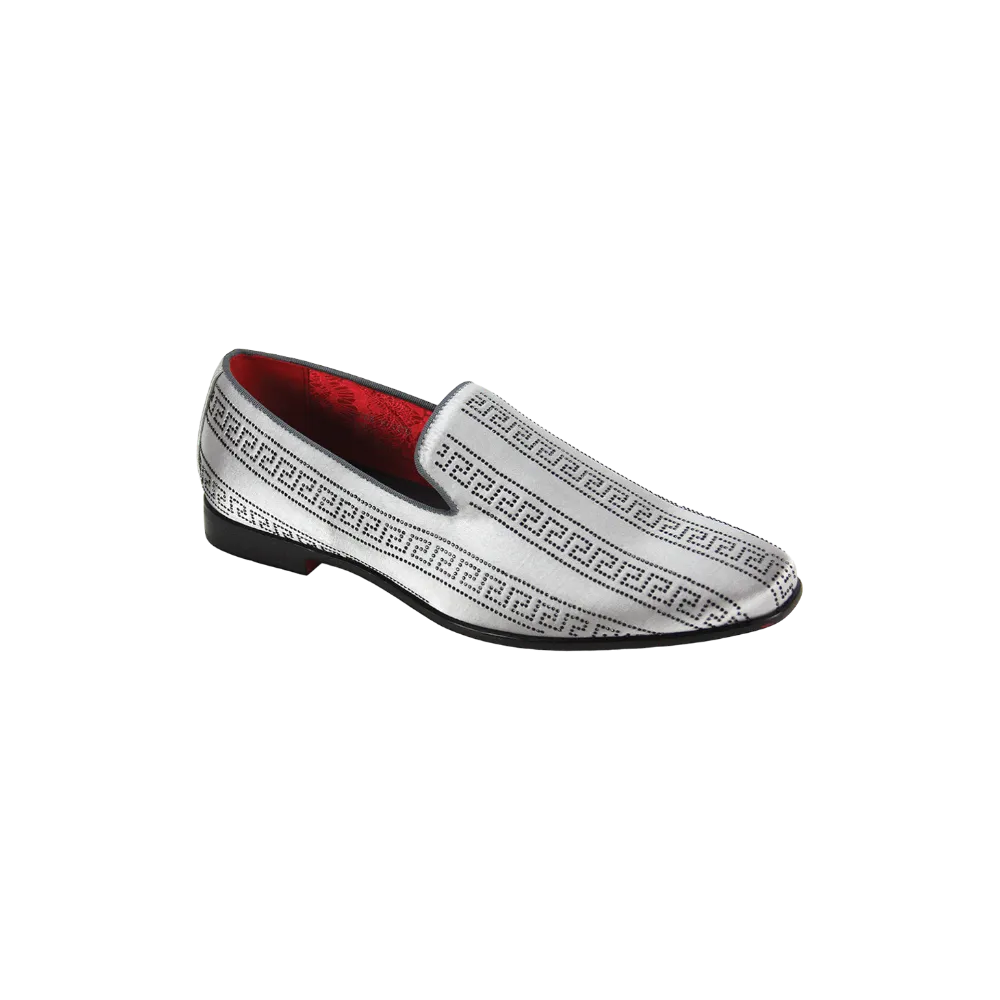 Sliver Satin Material Men's Slip-On Loafer Shoes Greek Key Stones Print