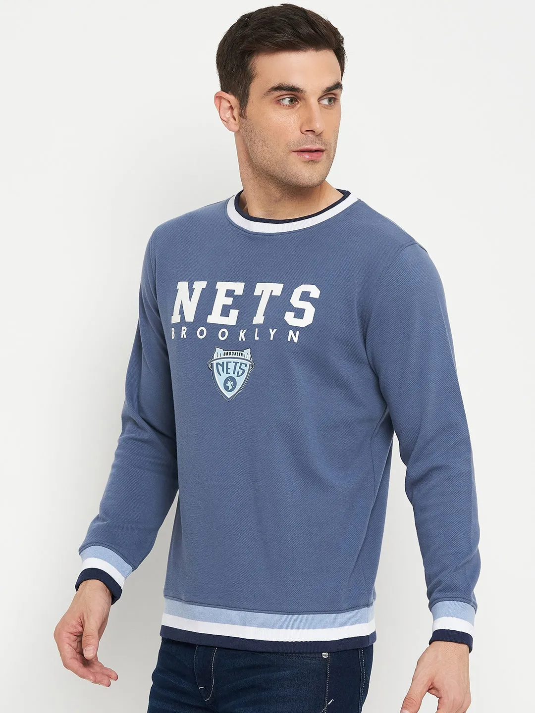 Typography Printed Blue Full Sleeves Round Neck Regular Fit Casual Sweatshirt for Men