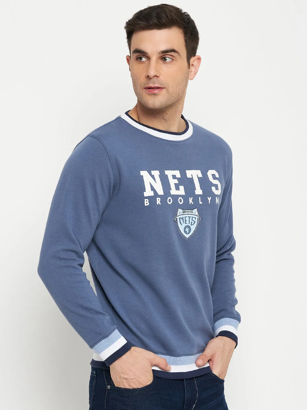Typography Printed Blue Full Sleeves Round Neck Regular Fit Casual Sweatshirt for Men
