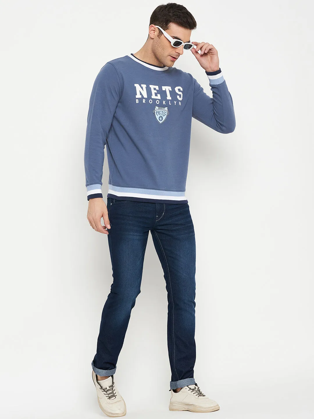 Typography Printed Blue Full Sleeves Round Neck Regular Fit Casual Sweatshirt for Men