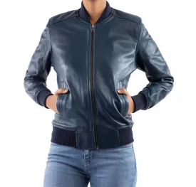 Women's Genuine Leather Classic Baseball  Blue Bomber Style Jacket