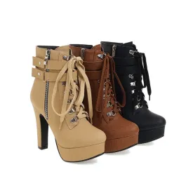 Women's Pu Leather Belts Buckles Lace Up Side Zippers Chunky Heel Platform Short Boots